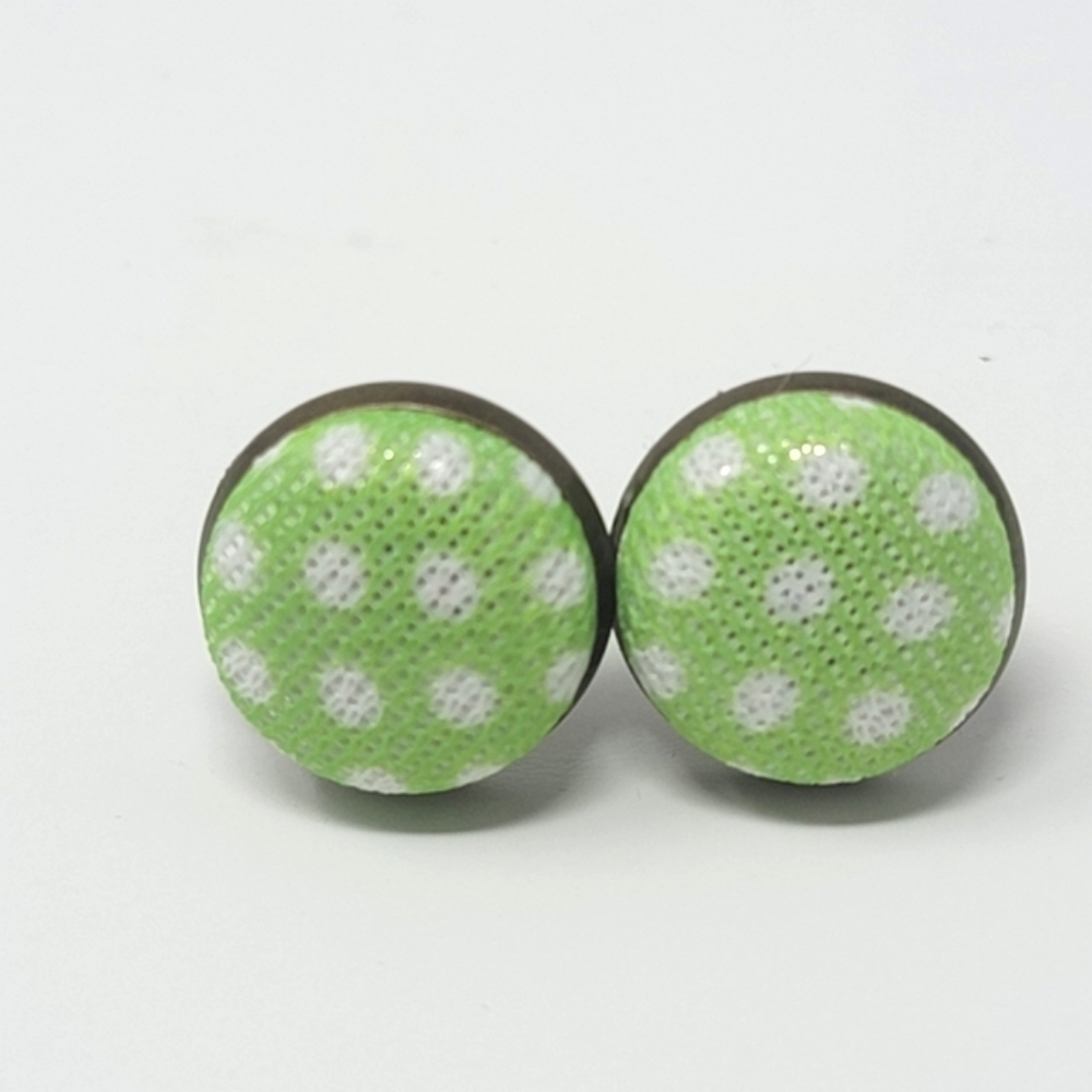 New Handmade | Upcycled Green White Polka Dot Button Stud Earrings.